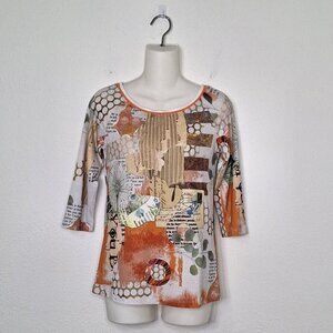 Simply Art by Dolcezza Graphic Top Sz XS 3/4 Sleeve Boho Art-to-Wear Multicolor
